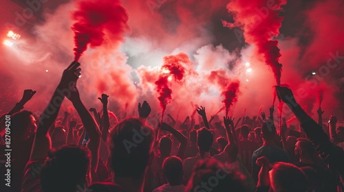 Red team Football fans cheering and celebrating league winner with red smoke and flare marching on the stadium streets and celebrating league title win © AriyaniAI