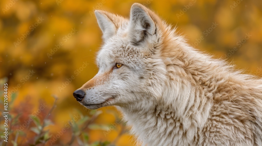  A tight shot of a white wolf before a tree, its leaves golden in the foreground The nearby foliage softly blurred, also yellow, in the hazy backdrop