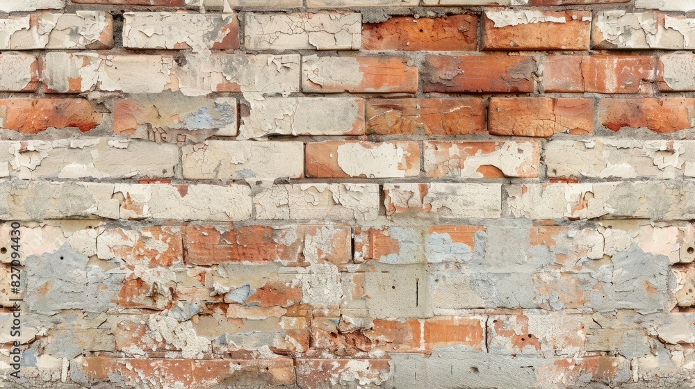 Vintage brick wall with patches of exposed bricks and crumbling mortar, capturing its weathered beauty