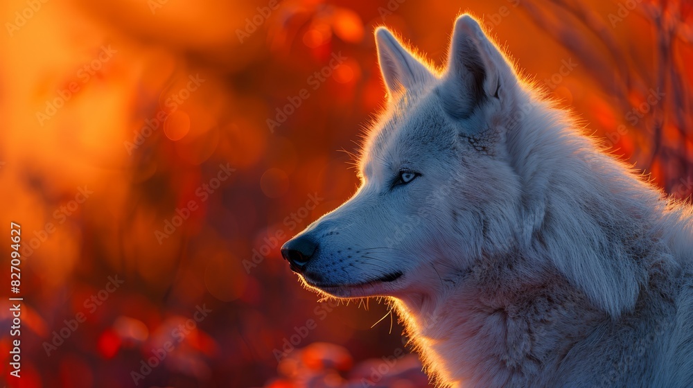 A tight shot of a white wolf before a solitary tree Red berries populate the tree's foreground An orange sunset backdrop, similarly adorned with red ber