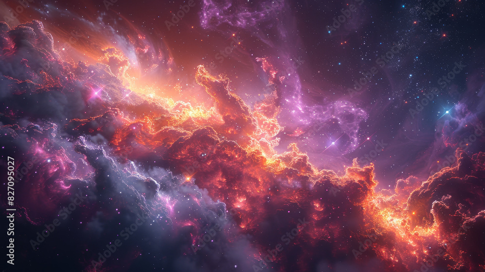 Fototapeta premium A breathtaking view of a vibrant cosmic nebula showcasing swirling clouds of colorful gases and stardust.