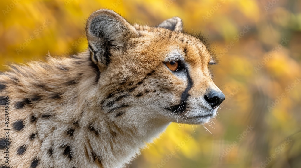 Obraz premium A tight shot of a cheetah's face, surrounded by a blur of yellow and orange leaves in the foreground Background is indistinctly blurred