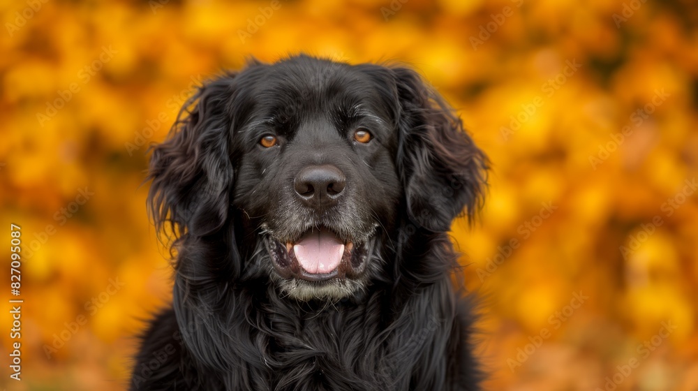 A tight shot of a dog's face, yellow leaf-blurred background in foreground, black dog head prominent