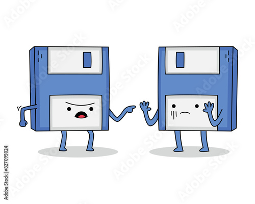 Cute floppy disk cartoon character arguing with one another doodle