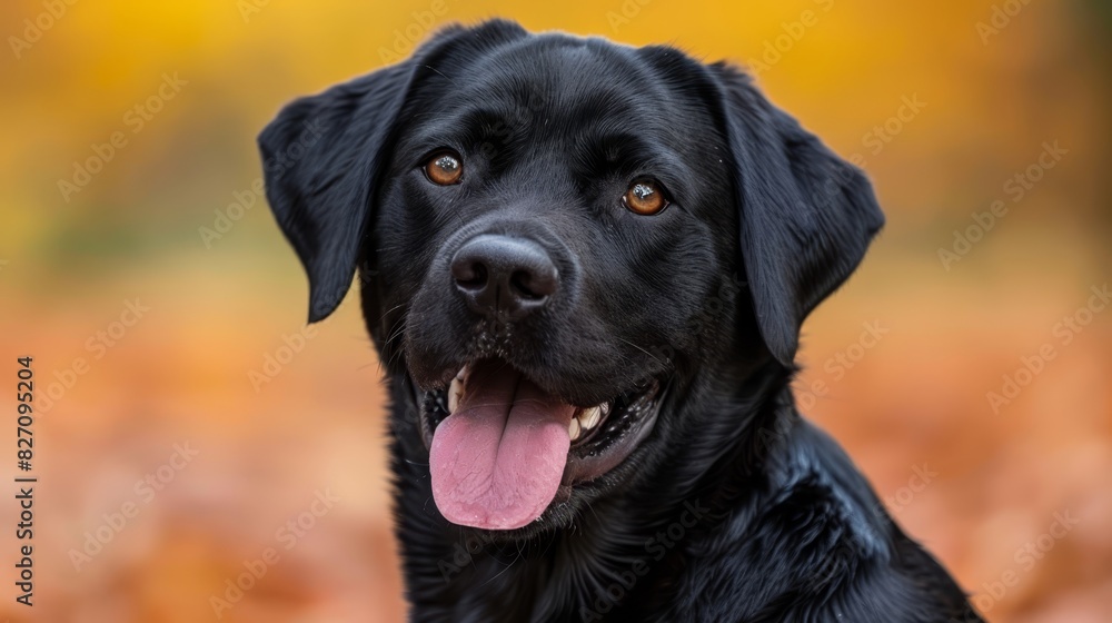  A close-up of a black dog's face with its tongue hanging out and mouth widely opened
