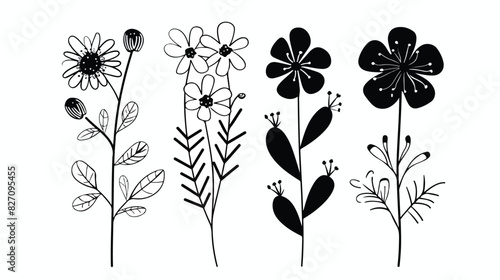 Four of black and white flowers silhouette. Doodle vector