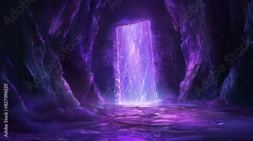 Exit of a labyrinth, opening, cartoon, eerie, purple light photo