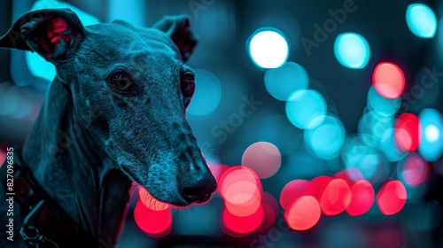  A tight shot of a dog's face with indistinct lights in the backdrop, and a hazy canine visage in the foreground