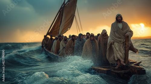 Jesus calming the storm on the Sea of Galilee, standing at the bow of a small boat with his disciples looking on in awe. The scene captures the dramatic moment as the raging waters and dark skies 