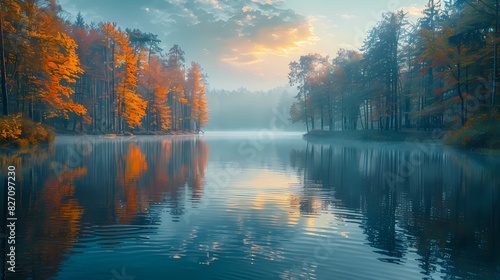 A calm river flowing through a forest  the water reflecting the soft colors of the sky