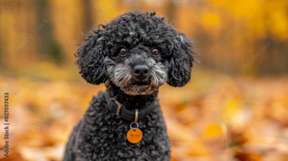 A small black dog sits in a wooded area, surrounded by piles of golden leaves Its collar bears a tag Trees with yellow autumn leaves form the background A small black dog sits in a wooded area, surrounded by piles of golden leaves Its collar bears a tag Trees with yellow autumn leaves form the background