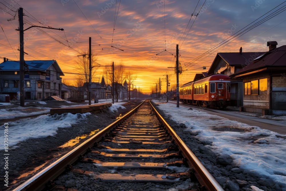 Tranquil sunset atmosphere with railroad pylon silhouette reflecting on calm waters