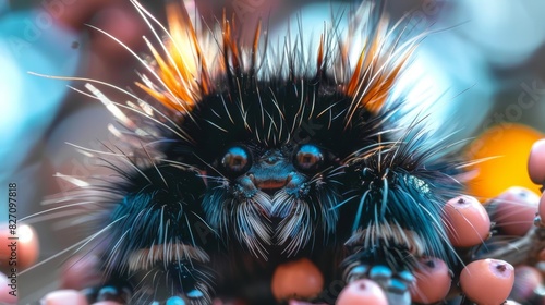  A tight shot of an adorable, furry creature with numerous beads adorning its hind legs and feet The background subtly blurs, revealing an indistinct image photo