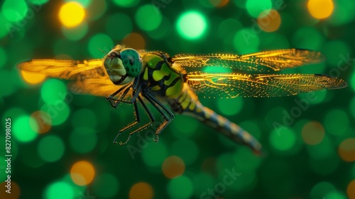  A dragonflies through the air in front of a green and yellow backdrop of lights Its blurry background is denoted by the repetition of the word boke – perhaps meant