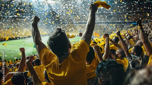 group of fans dressed in yellow color watching a sports event in the stands of a stadium. people cheering and celebrating together in the stadium .