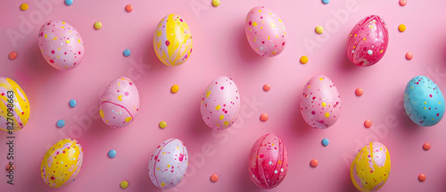 A colorful Easter background filled with decorated eggs in various colors like pink, yellow, and green