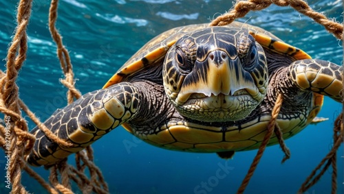Sea Turtle Entangled in Fishing Net: A Call to Marine Conservation © zhia studio