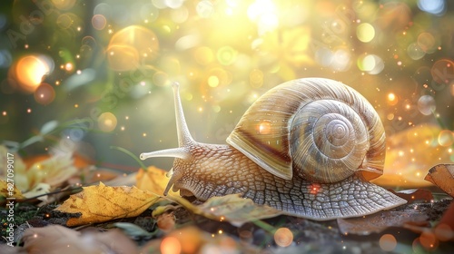  A snail atop a mound of leaves, near another pile below, sun filtering through overhanging leaves above photo
