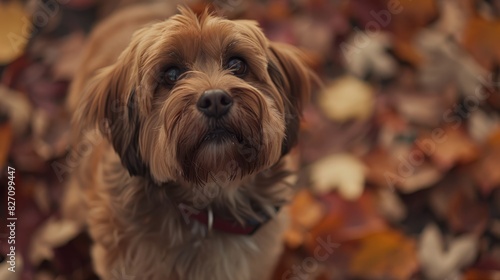  A tight shot of a dog's expressive face, situated near a mound of vibrant leaves The backdrop comprises a softly blurred foreground of falling leaves