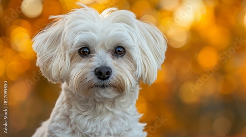  A white dog gazes intently at the camera, while the foreground features a blurred scene of trees and leaves with a soft focus