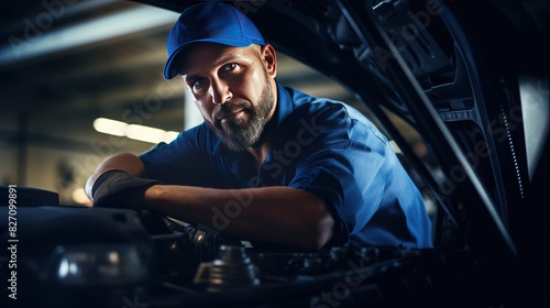 Car mechanic worker wearing a blue uniform and a cap, standing under the car in a modern garage room, and repairing or fixing automobile vehicle parts. Technician service and maintenance occupation. © Varunee