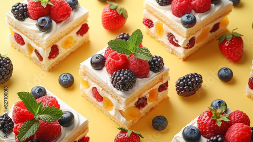 A slice of delicious cake topped with fresh blueberries and raspberries