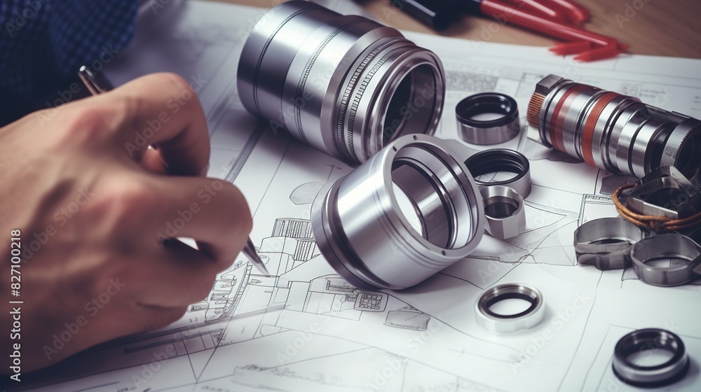 Engineer technician designing drawings mechanical parts engineering Engine manufacturing factory Industry Industrial work project blueprints measuring bearings caliper tools Engineer technician designing drawings mechanical parts engineering Engine manufacturing factory Industry Industrial work project blueprints measuring bearings caliper tools