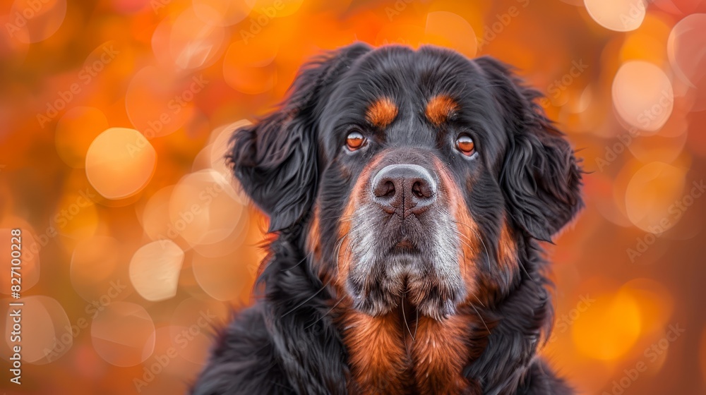  A tight shot of a dog's face with an out-of-focus backdrop of orange and yellow leaves The dog's eyes are also softly blurred (42 tokens
