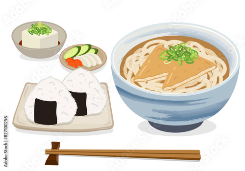 きつねうどん 定食セット イラスト 和食メニュー