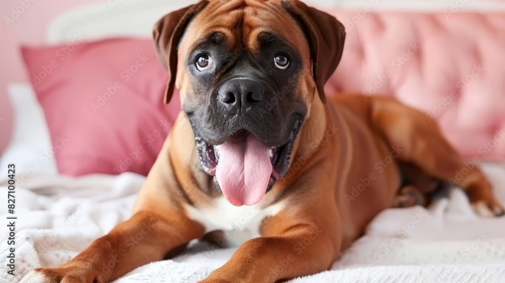  A close-up of a dog lying on a bed with its tongue hanging out