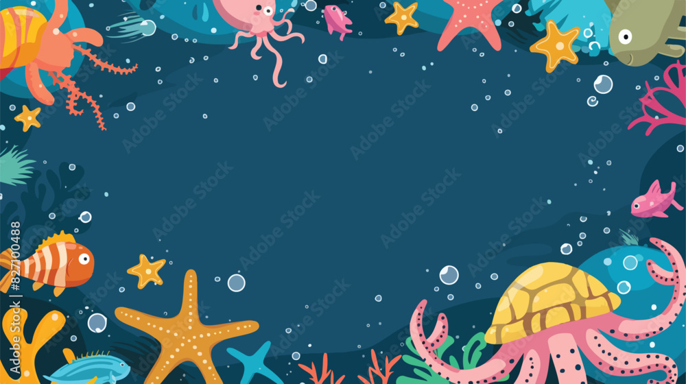 Frame template with cartoon sea animals. Ocean background