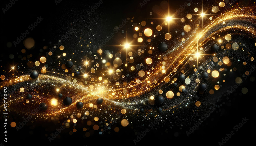 Glowing golden bokeh particles on a black background. Abstract background with a combination of black and gold particles Glowing golden bokeh particles on a black background. Abstract background with a combination of black and gold particles