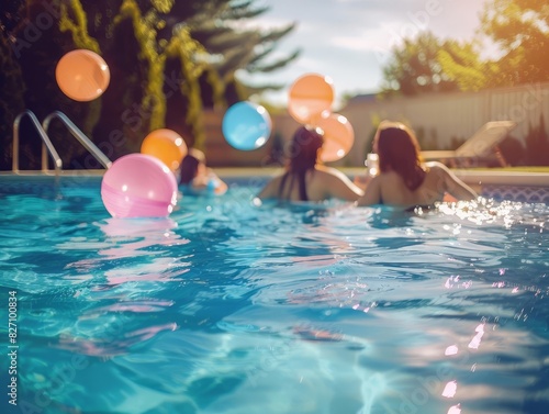 Friends enjoying a backyard pool party, capturing summer fun selective focus, vibrant, Multilayer, Pool photo