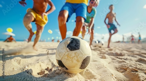 Friends playing soccer on the beach  highlighting sports and camaraderie close up  vibrant  Fusion  Beach