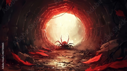  A spider traverses a dark tunnel lined with scarlet foliage; a radiant light glows, centrally positioned, at its endpoint photo