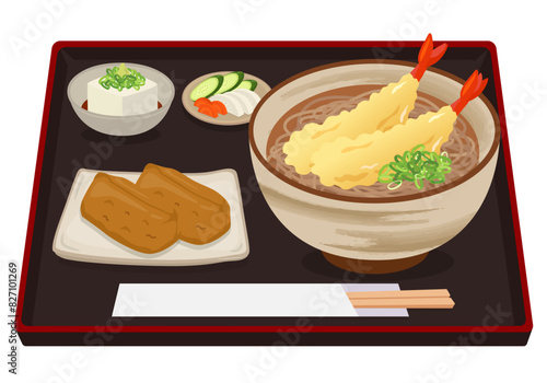 食事_和食_麺類_天ぷらそば定食_いなり寿司