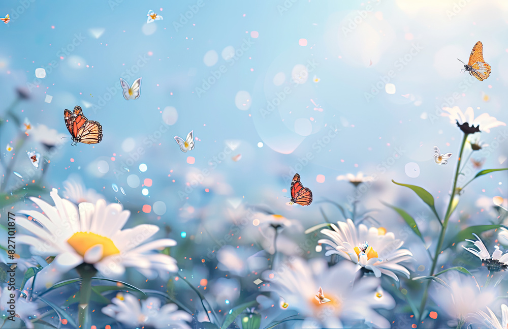 Beautiful spring background with daisies and butterflies, white flowers on a blue sky background. Created with Ai