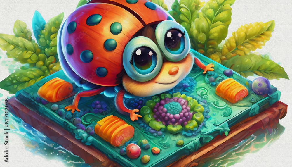 Fototapeta premium oil painting style CARTOON CHARACTER cute lady bug Inventor Works on a Complex Machine
