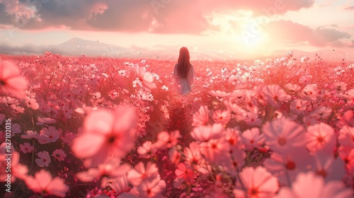 A field of pink flowers swaying gently in the breeze under a pastel sky