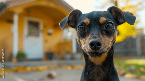  A small dog, a blend of black and brown, stands in front of a yellow house In the background, the house's vibrant color dominates the scene A yellow tree,