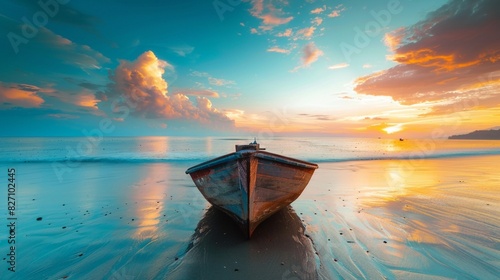 wooden fishing boat on sea blue beach sunset scenery. photo