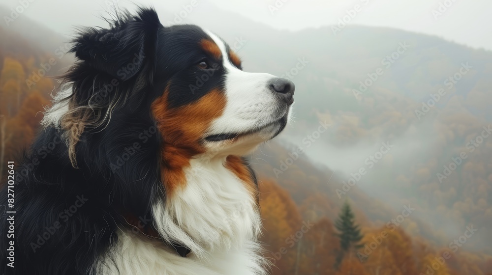  A tight shot of a dog against a backdrop of a mountain, featuring trees and fog in the distance Mountain serves as the primary background element