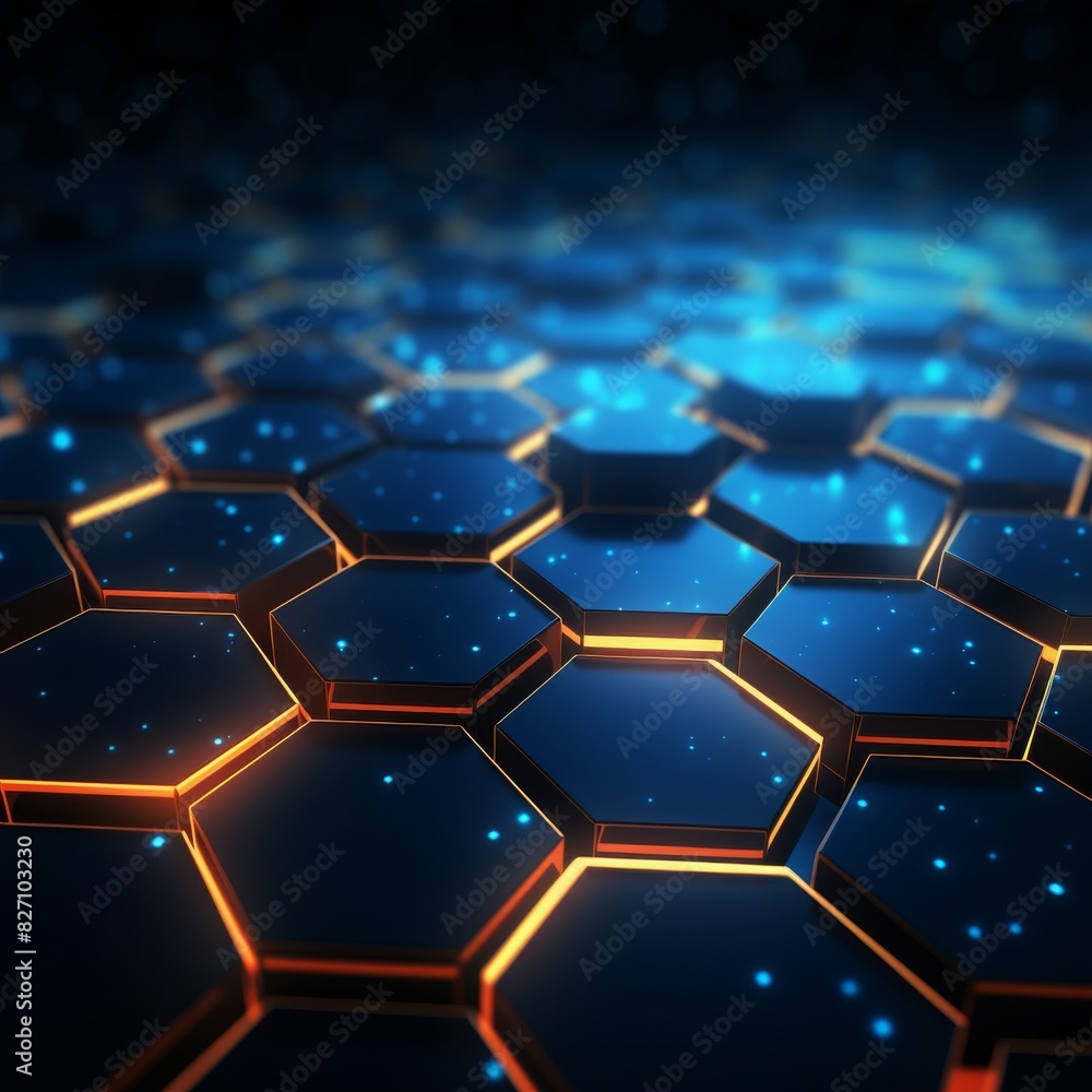 background Close-up of a futuristic hexagonal grid with glowing edges featuring a dark blue and orange color scheme with light effects with black background background Close-up of a futuristic hexagonal grid with glowing edges featuring a dark blue and orange color scheme with light effects with black background