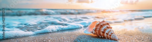 Photo of a seashell on the beach with waves in the background, summer concept banner. Web banner with a white background, using a wide angle lens with natural lighting in the style of hyper realistic.