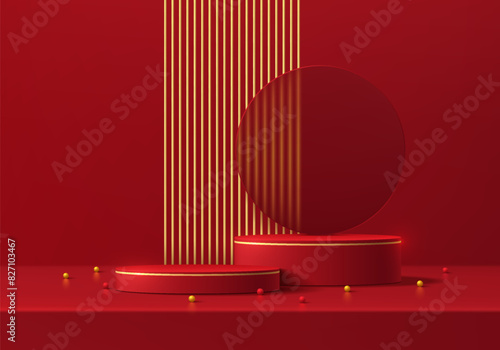Realistic red 3D cylindrical podium background with sphere ball, golden stripes wall scene. Minimal mockup or abstract product display presentation, Stage showcase. Platforms vector geometric design.