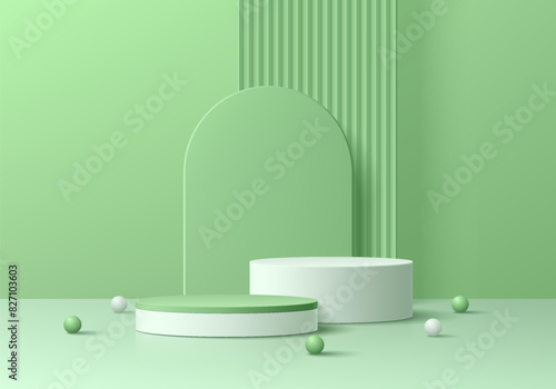 Realistic 3D green cylindrical podium background with sphere ball, Arch backdrop wall scene. Minimal mockup or abstract product display presentation, Stage showcase. Platforms vector geometric design.