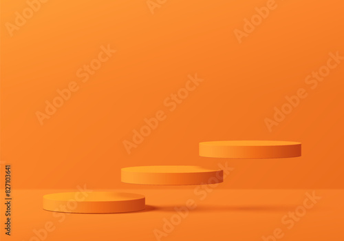 Realistic 3D orange cylindrical podium background with floating round pedestal wall scene. Minimal mockup or abstract product display presentation, Stage showcase. Platforms vector geometric design.