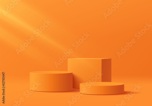 Realistic 3D orange cylindrical podium background with cube pedestal, Clean empty wall scene. Minimal mockup or abstract product display presentation, Stage showcase. Platforms vector geometric design