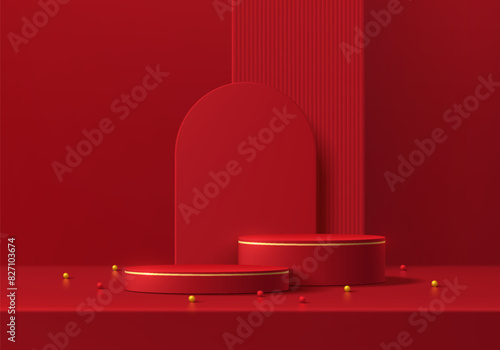 Realistic 3D red cylindrical podium background with golden balls, arch backdrop wall scene. Minimal mockup or abstract product display presentation, Stage showcase. Platforms vector geometric design.