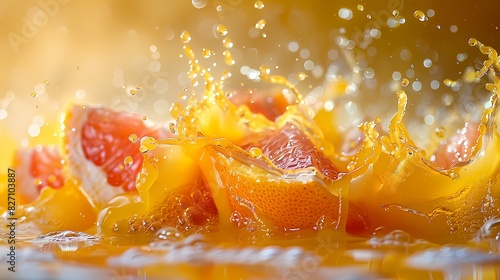 a bright grapefruit-mango juice splash against a solid white backdrop
